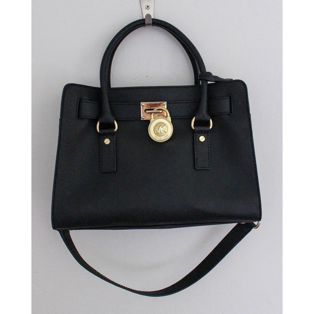 Michael Kors Hamilton East West Satchel Handbag Black Saffiano Leather Gold Tone - Picture 2 of 11